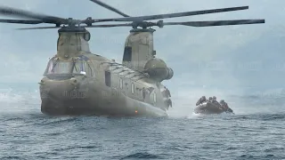 미국 거대 헬리콥터 CH-47이 바다에 특수부대를 투입시키는 특별한 기술