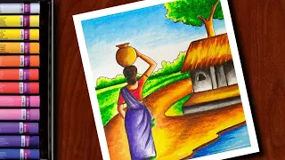 Easy Scenery Drawing With Human Figure | village scenery