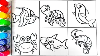 Learn how to Draw Sea Animals- Shark Fish Turtle and others- Glitter Art for preschool