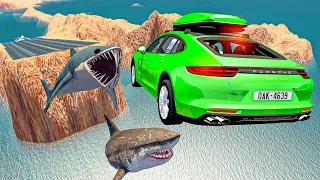 BeamNG Drive Cars Jumping Over Sharks In Flooded Grand Canyon - Cars Crashes & Fails | Good Cat