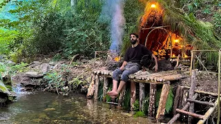 7 Days SOLO SURVIVAL CAMPING In RAIN Forest, THUNDER - Building Warm BUSHCRAFT SHELTER - Cooking