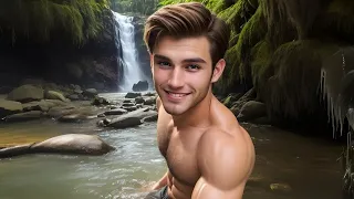 4K AI Photoshoot of Handsome Young Men at a Waterfall in Queensland, Australia
