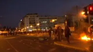 Ground shots of clashes outside Greek parliament