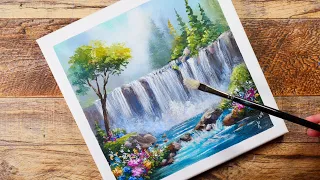 Majestic Falls | Acrylic Landscape Painting for Beginners | Time-lapse