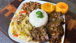 Soul Food Dinner! Cajun Smothered Lamb Chops, Smoked Turkey Cabbage, Black Eye Peas, Cornbread