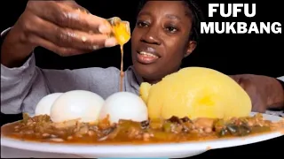 Asmr Fufu & okro soup with spinach and hard boiled eggs, shaki, fish bone | African Food Mukbang.