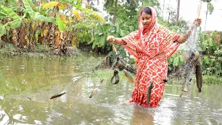 বর্ষায় মাঠে জাল দিয়ে মাছ ধরে আজকের রান্নার প্রথমপর্ব || amazing village net fishing by popi