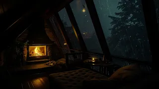 Cozy Attic Ambience at Night in the Forest | Cozy Ambience with Fireplace and Rain on window