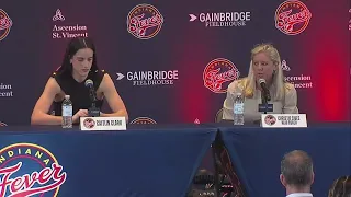 Caitlin Clark talks at first press conference as Indiana Fever teammate