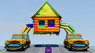 Cars vs Special Downhill with RAINBOW MONSTERS - CAR EATER & HOUSE EATER & HOUSE HEAD – BeamNG.Drive