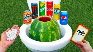 Experiment ! Watermelon vs Cola, Mirinda, Sprite, Fanta, Monster Energy, Pepsi and Mentos in Toilet