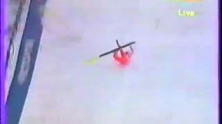 Ski Flying WCh 1992, Harrachov K185 - Andreas Goldberger crashes (slow-mo replay only, no sound)