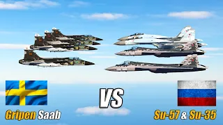 50 Swedish Gripen JAS 39 vs 4 Russian SU-57 Felon and 46 SU-35S - DCS WORLD