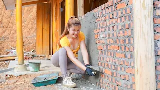Building Bricks Wall For The Kitchen, Cement Plaster /Alone BUILD LOG CABIN in new place