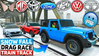 GTA 5: INDIAN SUVs + SEDANs CARS  🥶 SNOW FALL TRAIN TRACK DRAG RACE 🔥 GTA 5 MODS!