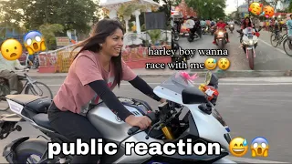 Girl Riding Yamaha R15 V4 M || Public Reaction 😱|| Harley v/s Yamaha V4 😧|| MT Girl Purvi 👩🏻‍🎤