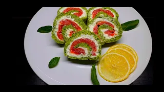 Изумительно вкусно! ИЗУМРУДНЫЙ РУЛЕТ с красной рыбой и шпинатом. Простой рецепт