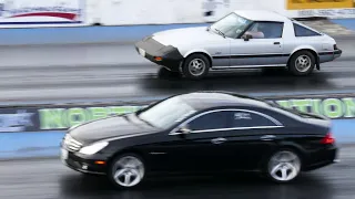 1980s Mazda RX-7 Drag Race Vs. Mercedes Benz CLS 55 AMG At Pacific Raceways - Kent, WA