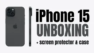 Apple iPhone 15 Black Unboxing + Screen Protector & Case 2023