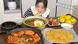 Cooking Mukbang :)Spicy tofu squid stew, Cheese Potato Pancake, Radish salad bibimbap.