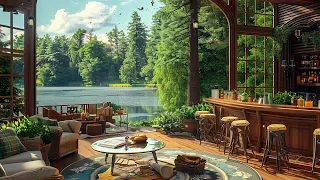 Sweet Spring Atmosphere in Forest ☕Cozy Coffee Shop Riverside with Gentle Jazz Music to Work, Study