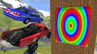 Crazy Vehicle High Speed Jumping through Rainbow Slime Water Wall Crashes - BeamNG drive