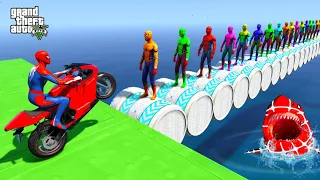 SpiderMan with Super Bike on Rainbow SpiderMan Bridge - Spider Shark Jumps | GTA 5 Ragdolls