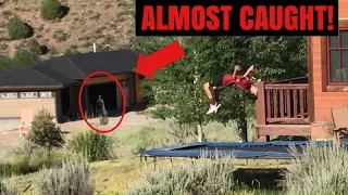 JUMPING ON RANDOM PEOPLES TRAMPOLINES!!! (ALMOST CAUGHT!)