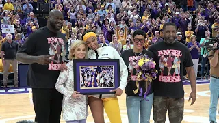 LSU Kim Mulkey senior night vs Kentucky, Angel Reese with Shaq and Hailey Van Lith