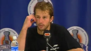 1999 Stanley Cup Final: Mike Modano speaks to the media following the Stars winning the championship