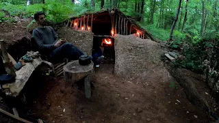 Crafting complete and comfort survival shelter  Bushcraft wood structure,clay roof & fireplace