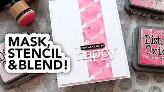 Create monochromatic bands of color for your cards with ink blending, stencils and masking!