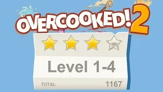 Overcooked 2. Level 1-4. 4 stars. 2 player Co-op