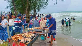 Happy Beach Party in Sihanoukville! Cambodia BBQ Beef, Seafood, Shrimps - Eating Delicious Food