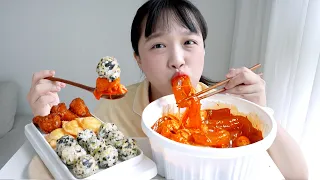 Tteokbokki with extra cheese MUKBANG ASMR🔥😬I have Mayo Rice balls, Chicken too! | Real Sound :D