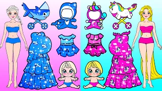 [🐾paper Diy🐾] Pink Unicorn VS Blue Baby Shark New House and Dress Up | Rapunzel Compilation 놀이 종이