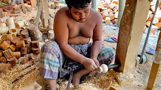 Healthy Little Boy Fast Making Wooden Toy Pitcher And Bowl | Wood Carving Art