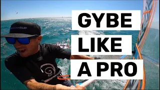 How to carve gybe, starting with non-planing moves.  Windsurf Ride-Along sessions with Cookie