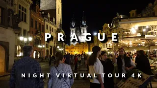 Prague, Czech Republic, Nightlife Virtual Tour 4K. Wenceslas Square, Powder Tower, Old Town Square