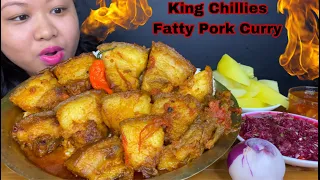 DELICIOUS SPICY KING CHILLIES PORK CURRY WITH RICE, BOILED VEGGIES & SALAD | PORK BELLY MUKBANG