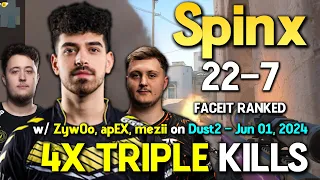 Spinx 22-7 w/ ZywOo, apEX, mezii on Dust2 | 4X TRIPLE KILLS | FACEIT RANKED | Jun 01, 2024