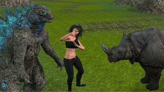 Godzilla Saves Woman from a Giant Rhino Remastered | Godzilla Vs Giant Rhino