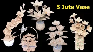 5 unique jute flower with vase craft ideas | home decor jute rope flower & flower vase showpiece