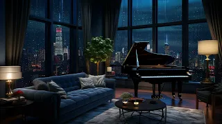 Calm Night Rain and Soothing Piano in Cozy City Room - Perfect Ambience for Relaxing | Piano Music