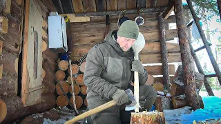 A snowstorm. Life off grid in a log cabin.