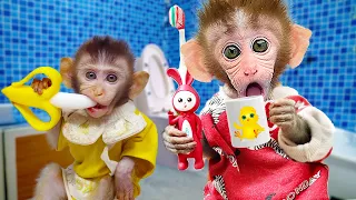 Bi Bon Monkey helps mom teach naughty baby how to brush teeth and go to school bus
