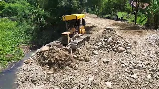 Full Project Landfill Near Canel by Amazing Bulldozer D20P Pushing Stone into Water with 5T Trucks