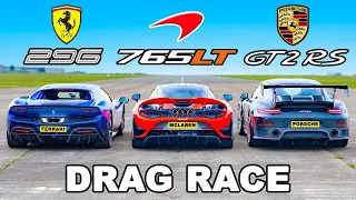 Ferrari 296 GTB VS Porsche 911 GT2 RS VS McLaren 765LT Drag Race #carwow #repost #dragrace #race