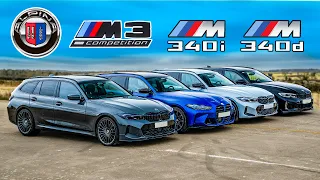 Alpina B3 v BMW M3 v M340i v M340d: Touring DRAG RACE