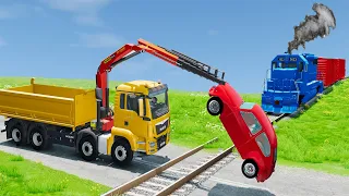 School Bus with Game - Transporting Cars vs Train Crossing Portal Trap - BeamNG